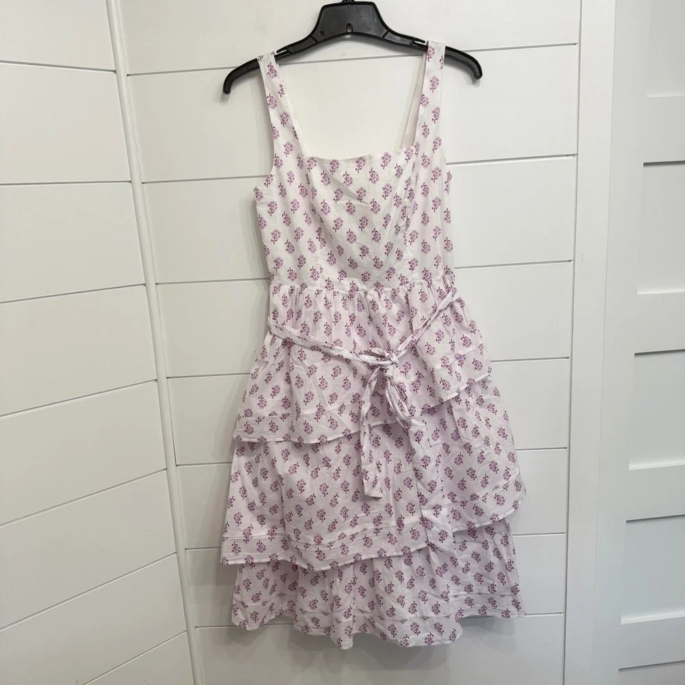 J. Crew White Violet Storm Sleeveless Belted Tiered Dress Size 4 23385